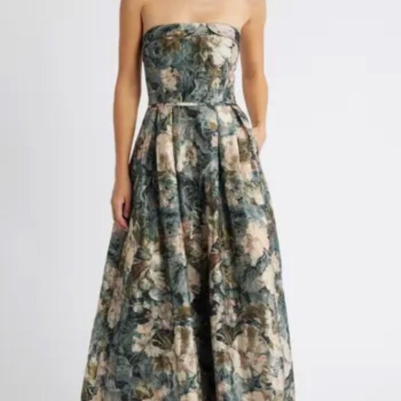 Tahari Sage Green Multi Floral Crushed Taffeta Strapless Ball Gown - Picture 1 of 6